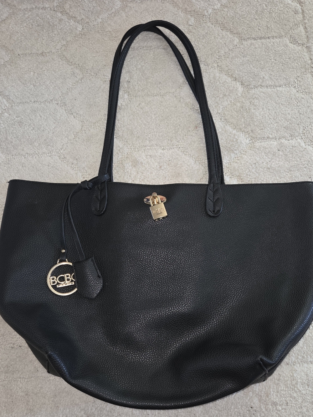 BCBG Black Pebbled Leather Tote Bag with Gold Accents